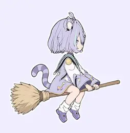 魔法使いの服のキューが、ほうきにまたがって飛んでいるところ